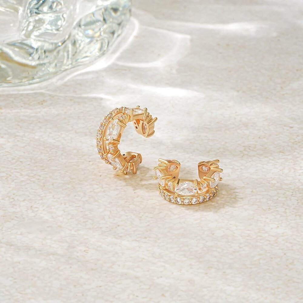 👉 14K Gold Plated White Zircon Diamond Turquoise Cuffs Non Piercing Earrings - Picture 5 of 7